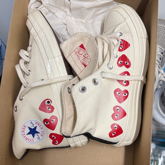 Converse Cream High-Tops with Red Heart Pattern - Picture 1 of 1